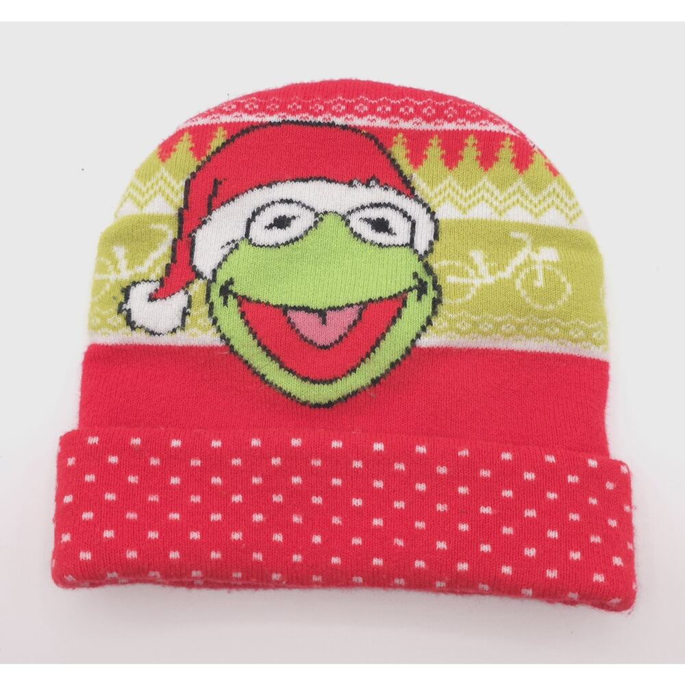 Kermit The Frog Muppets Holiday Winter Knit - Cuffed Beanie Cap Torque Hat S/M